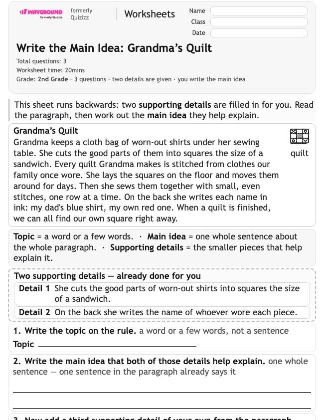 Write the Main Idea: Grandma's Quilt - Dapat dicetak Mengidentifikasi-ide-utama Lembar-kerja Kelas 2 - Wayground