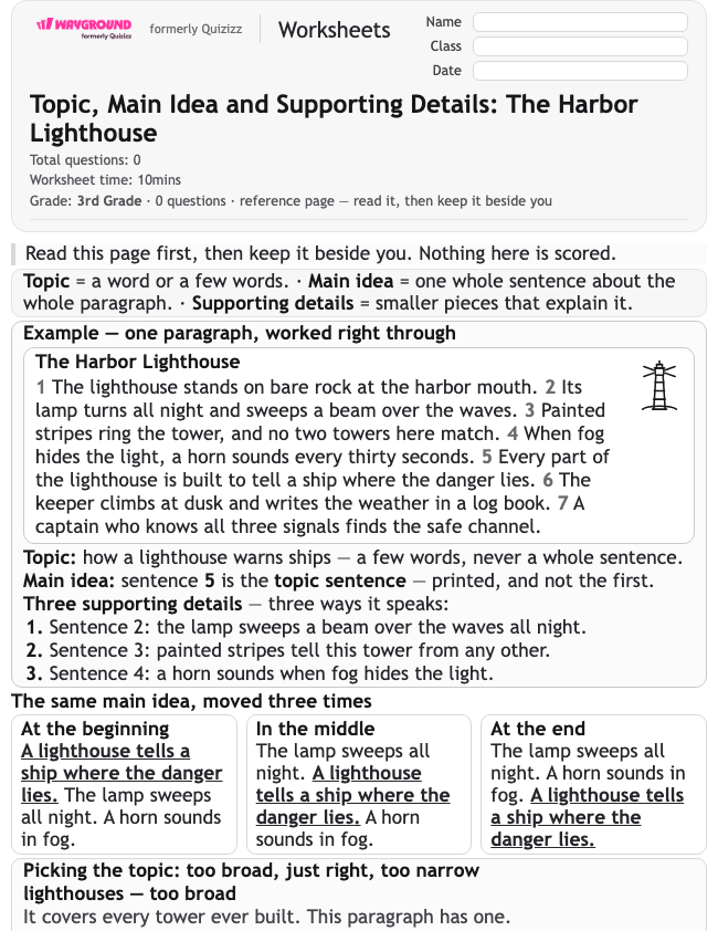 Topic, Main Idea and Supporting Details: The Harbor Lighthouse - Dapat dicetak Mengidentifikasi-ide-utama Lembar-kerja Kelas 3 - Wayground