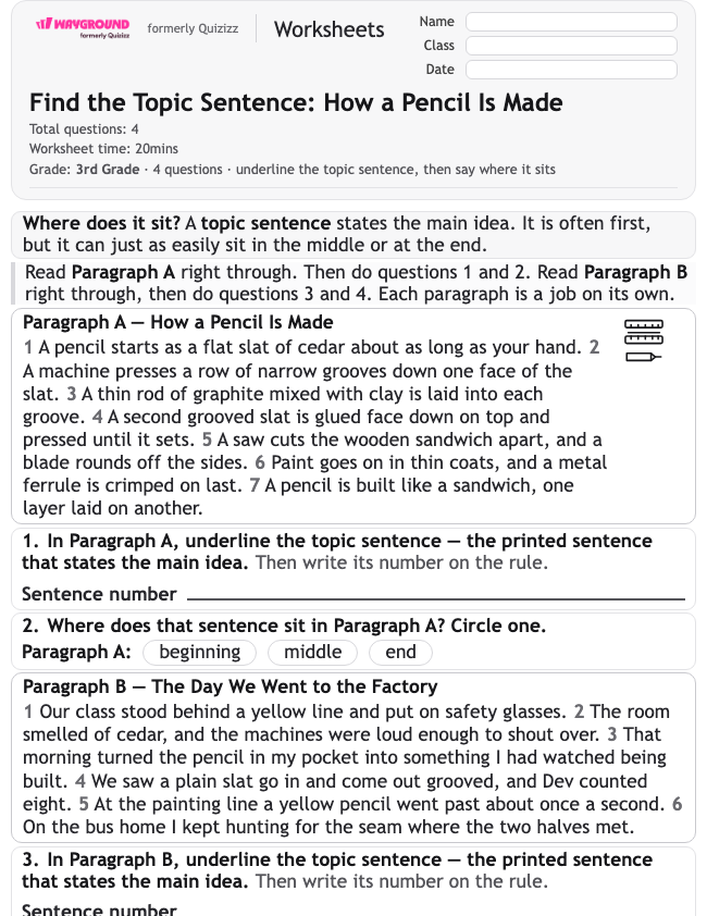 Find the Topic Sentence: How a Pencil Is Made - Dapat dicetak Mengidentifikasi-ide-utama Lembar-kerja Kelas 3 - Wayground