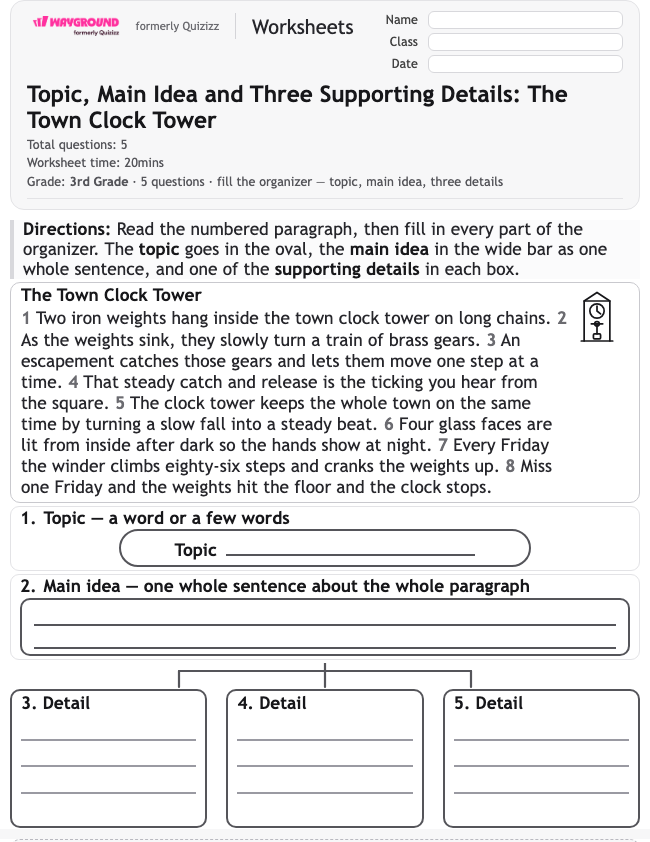 Topic, Main Idea and Three Supporting Details: The Town Clock Tower - Dapat dicetak Mengidentifikasi-ide-utama Lembar-kerja Kelas 3 - Wayground