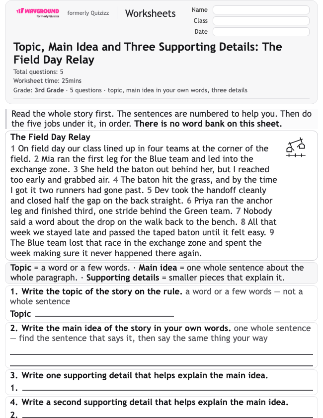 Topic, Main Idea and Three Supporting Details: The Field Day Relay - Dapat dicetak Mengidentifikasi-ide-utama Lembar-kerja Kelas 3 - Wayground