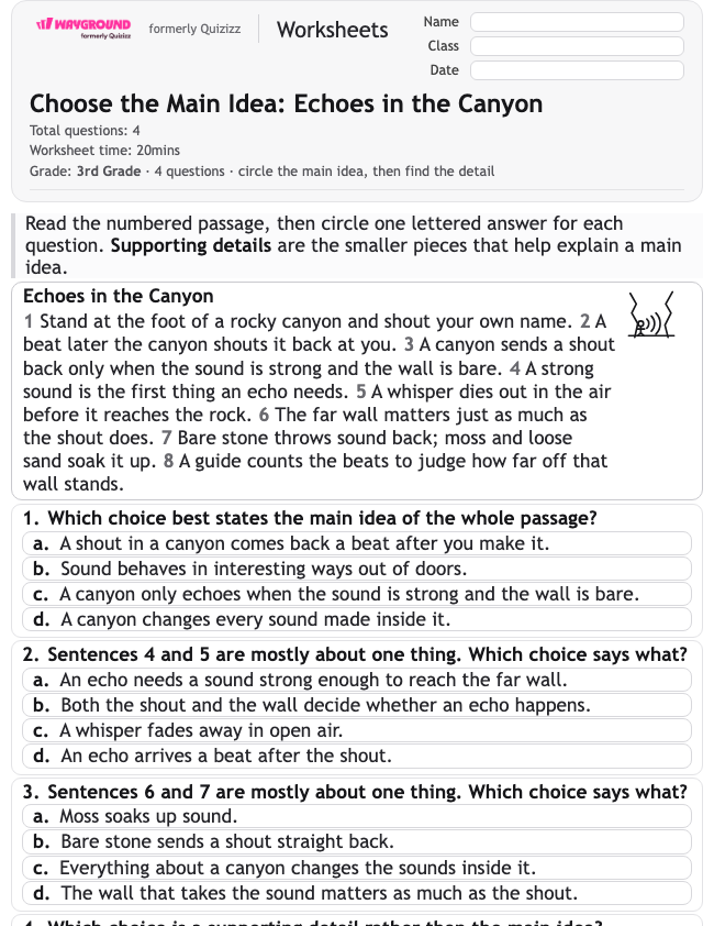 Choose the Main Idea: Echoes in the Canyon - Dapat dicetak Mengidentifikasi-ide-utama Lembar-kerja Kelas 3 - Wayground