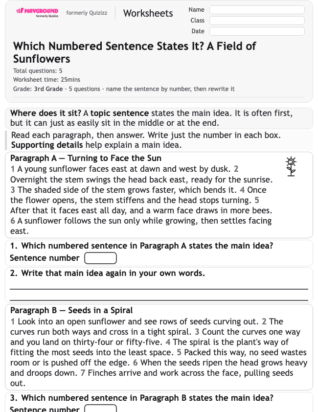 Which Numbered Sentence States It? A Field of Sunflowers - Dapat dicetak Mengidentifikasi-ide-utama Lembar-kerja Kelas 3 - Wayground