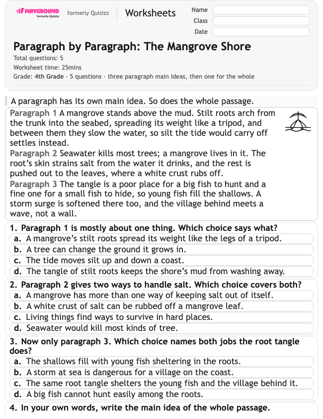 Paragraph by Paragraph: The Mangrove Shore - Printable Mengidentifikasi-ide-utama Lembar-kerja Kelas 4 - Wayground