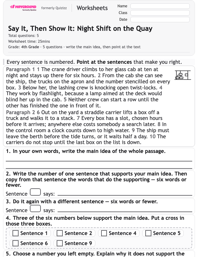 Say It, Then Show It: Night Shift on the Quay - Printable Mengidentifikasi-ide-utama Lembar-kerja Kelas 4 - Wayground