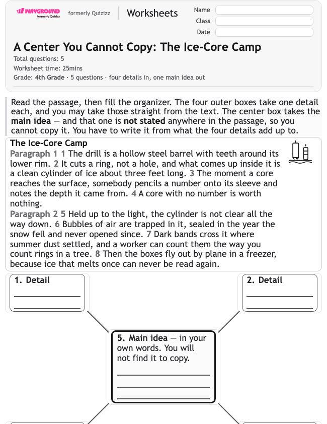 A Center You Cannot Copy: The Ice-Core Camp - Printable Mengidentifikasi-ide-utama Lembar-kerja Kelas 4 - Wayground