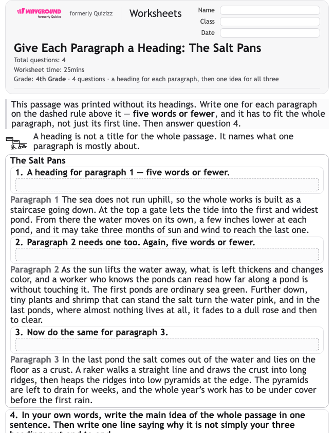 Give Each Paragraph a Heading: The Salt Pans - Printable Mengidentifikasi-ide-utama Lembar-kerja Kelas 4 - Wayground