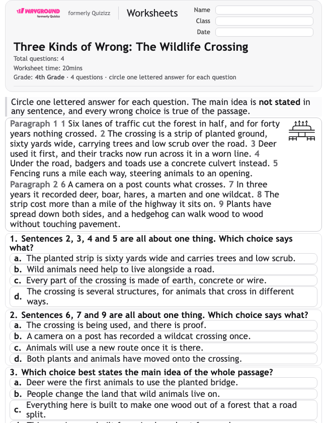 Three Kinds of Wrong: The Wildlife Crossing - Printable Mengidentifikasi-ide-utama Lembar-kerja Kelas 4 - Wayground