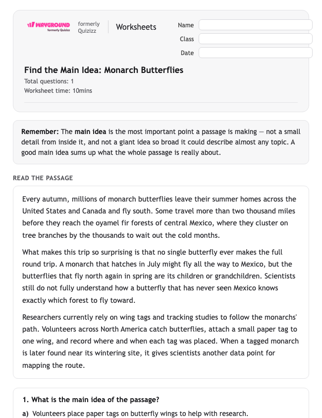 Find the Main Idea: Monarch Butterflies - Dapat dicetak Mengidentifikasi-ide-utama Lembar-kerja Kelas 5 - Wayground