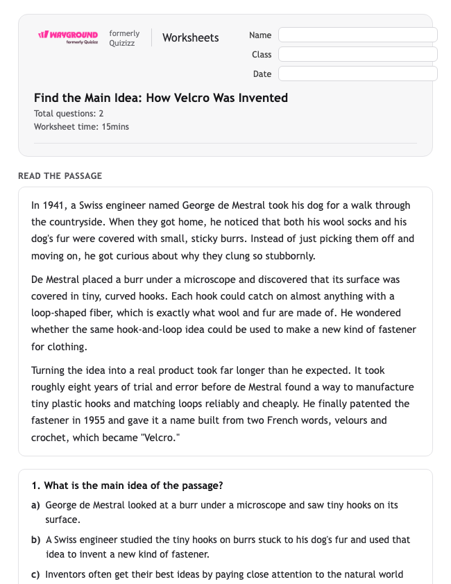 Find the Main Idea: How Velcro Was Invented - Dapat dicetak Mengidentifikasi-ide-utama Lembar-kerja Kelas 5 - Wayground