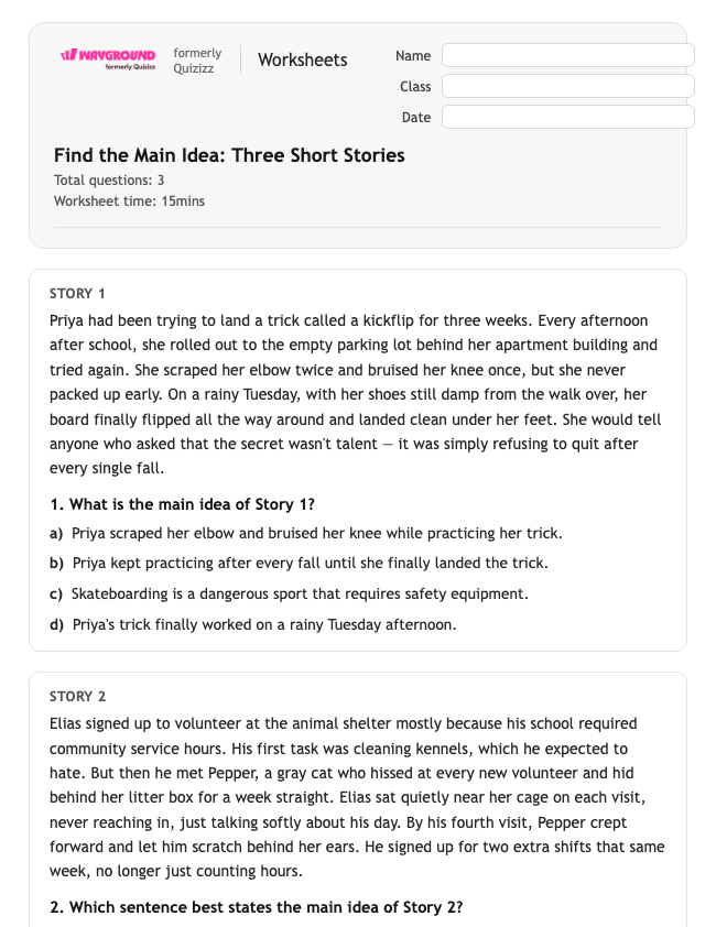 Find the Main Idea: Three Short Stories - Dapat dicetak Mengidentifikasi-ide-utama Lembar-kerja Kelas 5 - Wayground