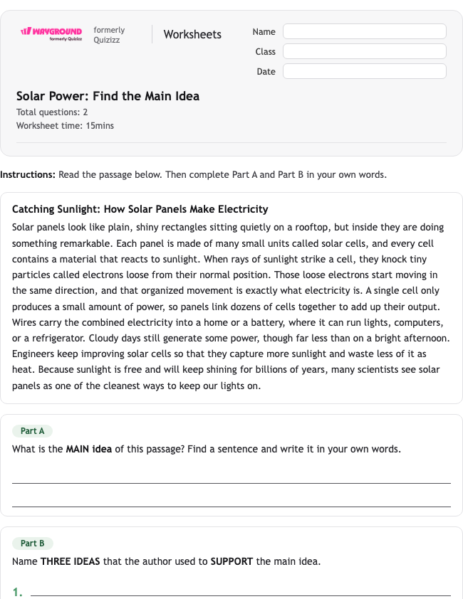 Solar Power: Find the Main Idea - Dapat dicetak Mengidentifikasi-ide-utama Lembar-kerja Kelas 5 - Wayground
