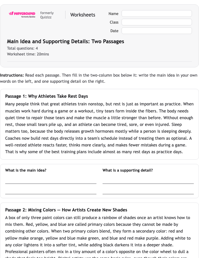 Main Idea and Supporting Details: Two Passages - Dapat dicetak Mengidentifikasi-ide-utama Lembar-kerja Kelas 5 - Wayground
