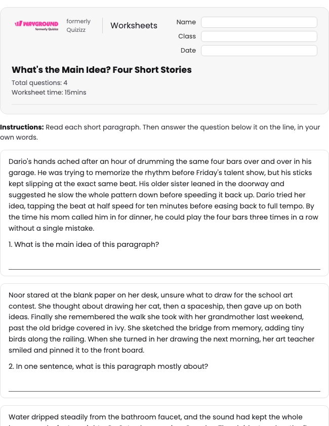 What's the Main Idea? Four Short Stories - Dapat dicetak Mengidentifikasi-ide-utama Lembar-kerja Kelas 5 - Wayground