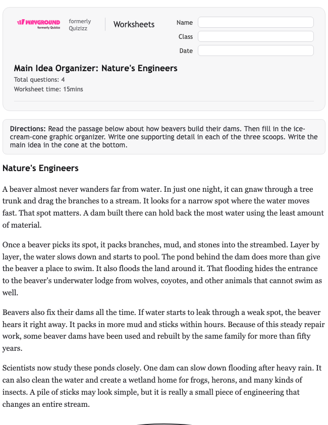 Main Idea Organizer: Nature's Engineers - Dapat dicetak Mengidentifikasi-ide-utama Lembar-kerja Kelas 5 - Wayground