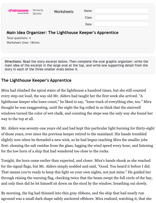 Main Idea Organizer: The Lighthouse Keeper's Apprentice - Dapat dicetak Mengidentifikasi-ide-utama Lembar-kerja Kelas 5 - Wayground