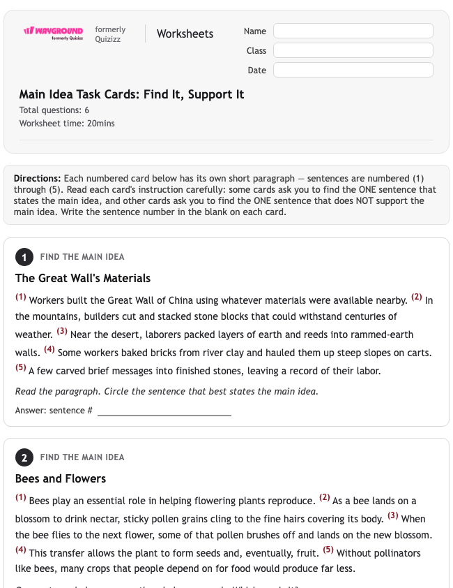 Main Idea Task Cards: Find It, Support It - Dapat dicetak Mengidentifikasi-ide-utama Lembar-kerja Kelas 5 - Wayground
