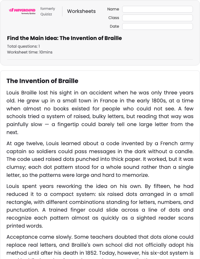Find the Main Idea: The Invention of Braille - Imprimível Xác-định-ý-chính Phiếu-bài-tập Lớp 6 - Wayground