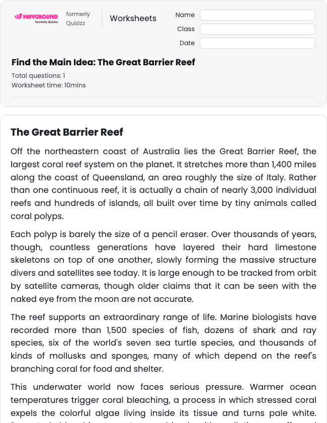 Find the Main Idea: The Great Barrier Reef - Imprimível Xác-định-ý-chính Phiếu-bài-tập Lớp 6 - Wayground