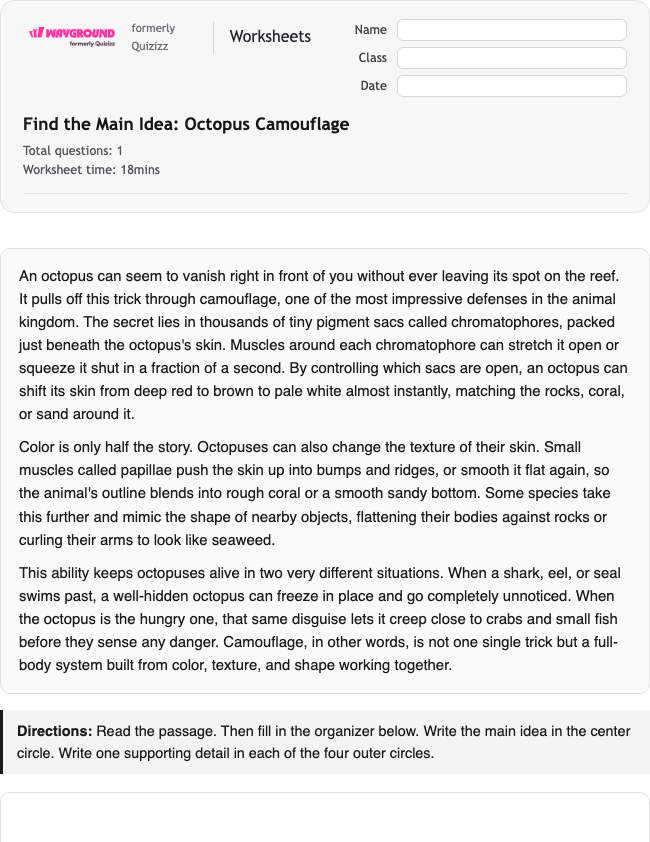 Find the Main Idea: Octopus Camouflage - Imprimível Xác-định-ý-chính Phiếu-bài-tập Lớp 6 - Wayground
