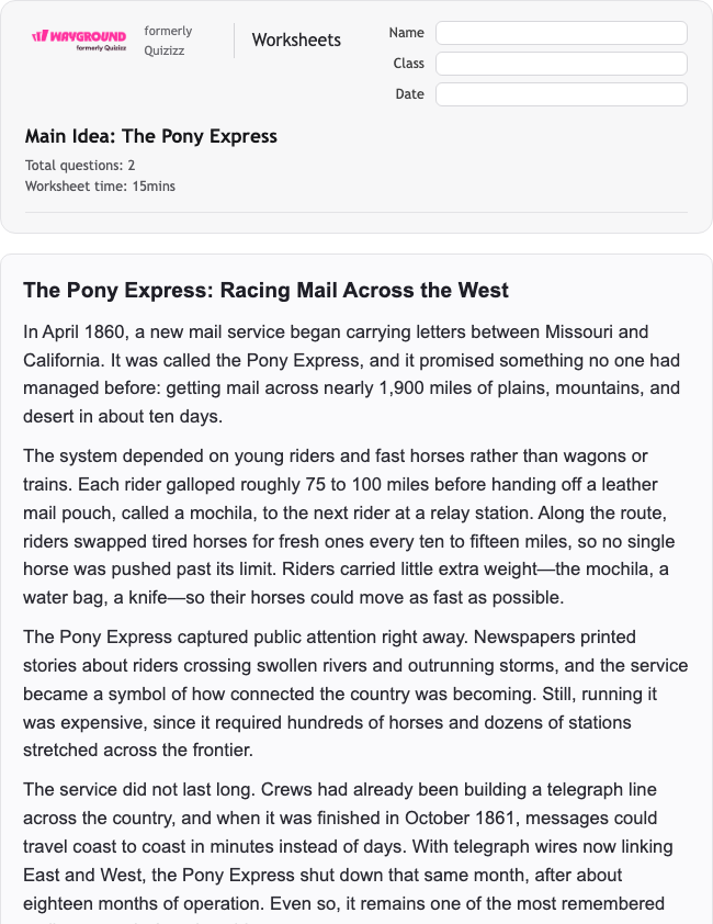 Main Idea: The Pony Express - Imprimível Xác-định-ý-chính Phiếu-bài-tập Lớp 6 - Wayground