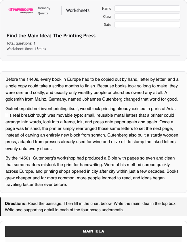 Find the Main Idea: The Printing Press - Imprimível Xác-định-ý-chính Phiếu-bài-tập Lớp 6 - Wayground
