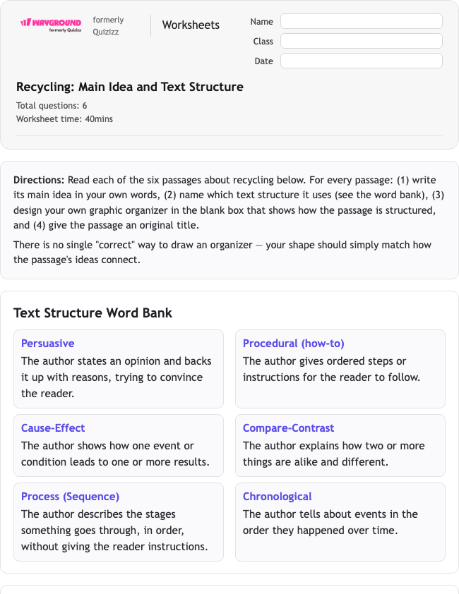 Recycling: Main Idea and Text Structure - Imprimível Xác-định-ý-chính Phiếu-bài-tập Lớp 6 - Wayground