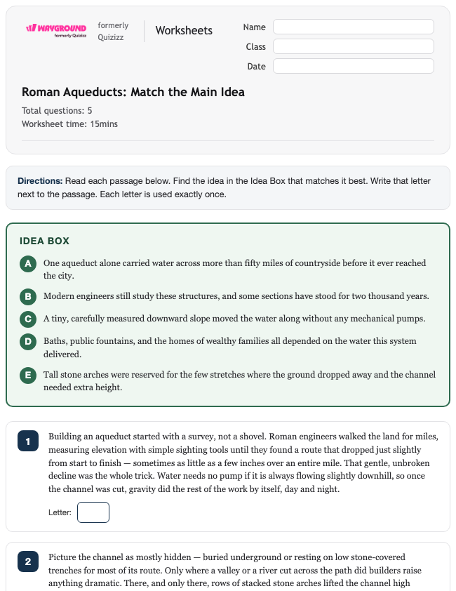 Roman Aqueducts: Match the Main Idea - Imprimível Xác-định-ý-chính Phiếu-bài-tập Lớp 6 - Wayground