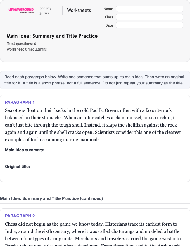 Main Idea: Summary and Title Practice - Imprimível Xác-định-ý-chính Phiếu-bài-tập Lớp 6 - Wayground
