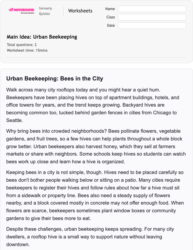 Main Idea: Urban Beekeeping - Imprimível Xác-định-ý-chính Phiếu-bài-tập Lớp 6 - Wayground