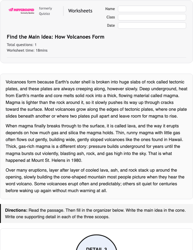Find the Main Idea: How Volcanoes Form - Imprimível Xác-định-ý-chính Phiếu-bài-tập Lớp 6 - Wayground