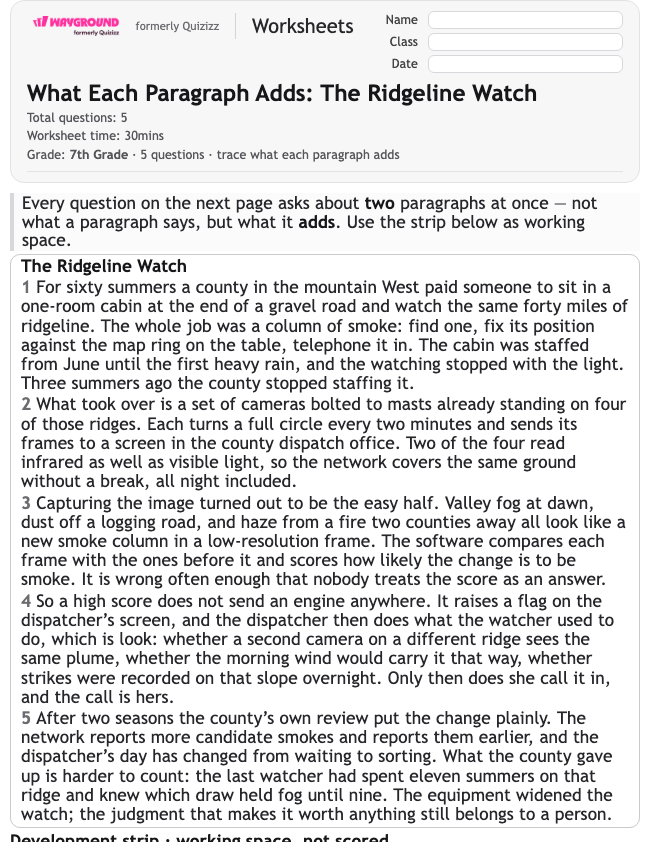 What Each Paragraph Adds: The Ridgeline Watch - Dapat dicetak Mengidentifikasi-ide-utama Lembar-kerja Kelas 7 - Wayground