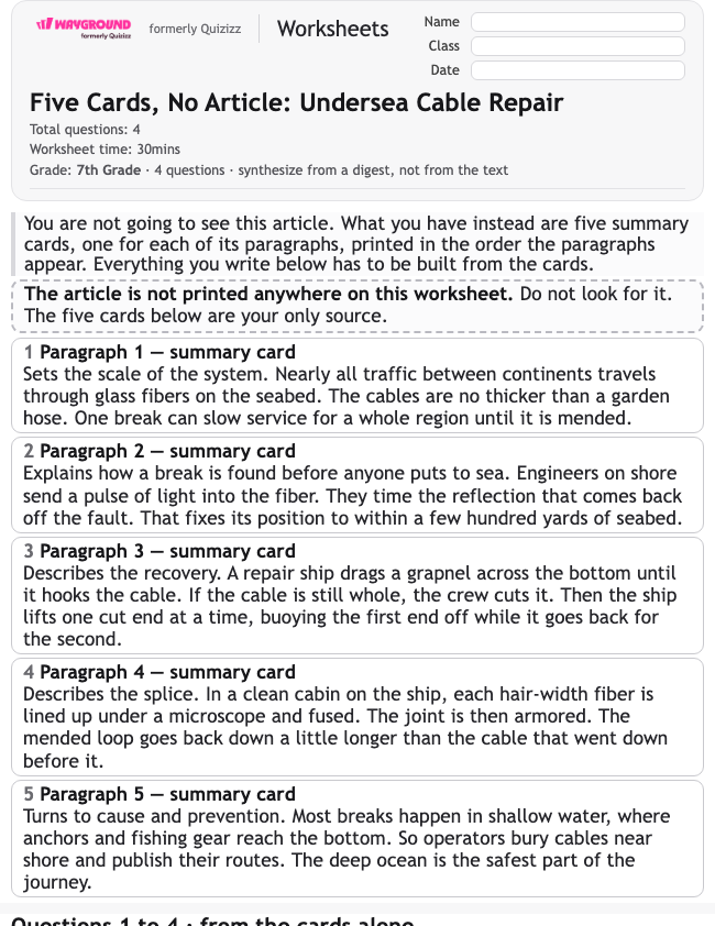 Five Cards, No Article: Undersea Cable Repair - Dapat dicetak Mengidentifikasi-ide-utama Lembar-kerja Kelas 7 - Wayground