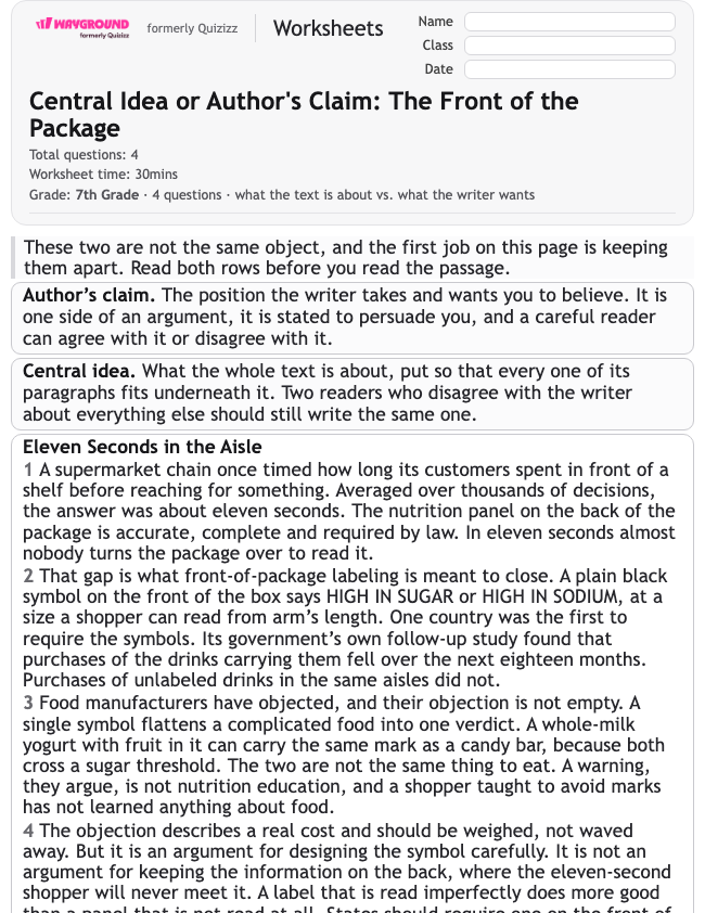 Central Idea or Author's Claim: The Front of the Package - Dapat dicetak Mengidentifikasi-ide-utama Lembar-kerja Kelas 7 - Wayground