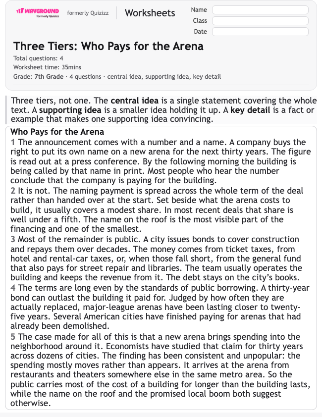 Three Tiers: Who Pays for the Arena - Dapat dicetak Mengidentifikasi-ide-utama Lembar-kerja Kelas 7 - Wayground