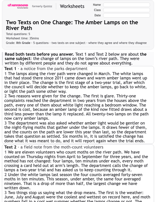 Two Texts on One Change: The Amber Lamps on the River Path - Dapat dicetak Mengidentifikasi-ide-utama Lembar-kerja Kelas 8 - Wayground