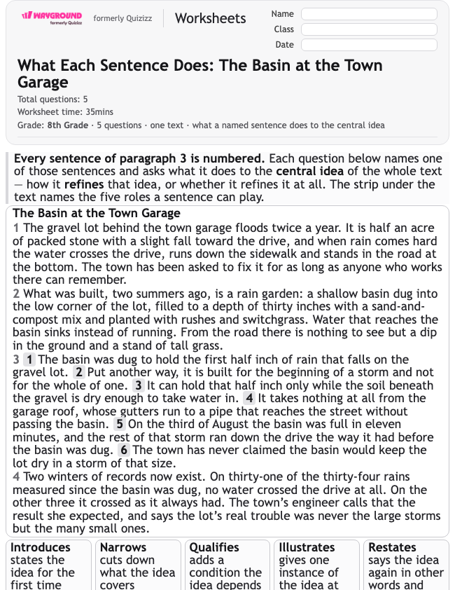 What Each Sentence Does: The Basin at the Town Garage - Dapat dicetak Mengidentifikasi-ide-utama Lembar-kerja Kelas 8 - Wayground