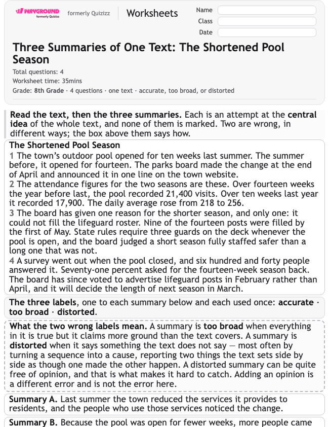 Three Summaries of One Text: The Shortened Pool Season - Dapat dicetak Mengidentifikasi-ide-utama Lembar-kerja Kelas 8 - Wayground