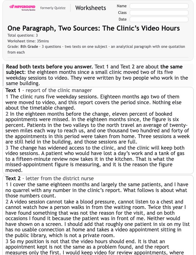 One Paragraph, Two Sources: The Clinic’s Video Hours - Dapat dicetak Mengidentifikasi-ide-utama Lembar-kerja Kelas 8 - Wayground