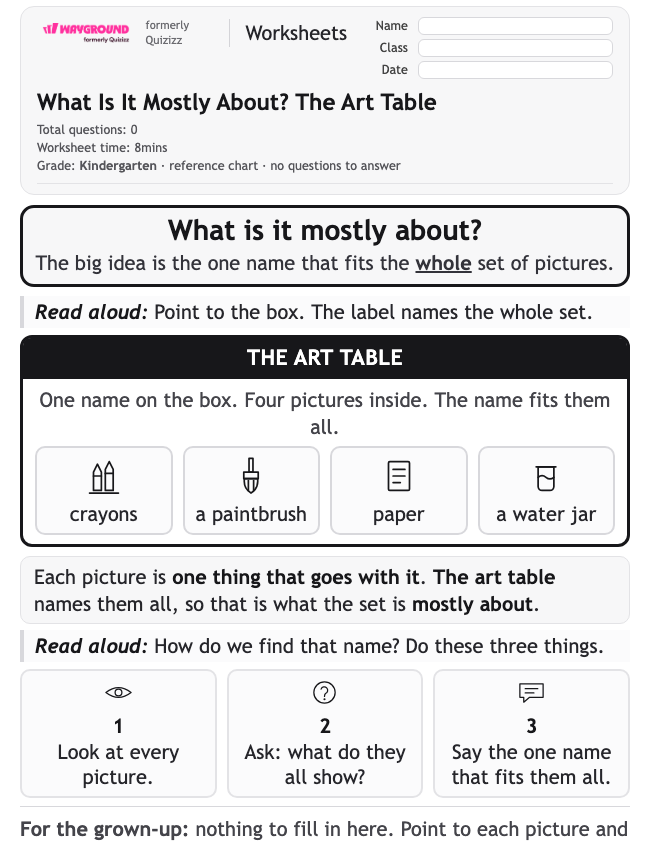 What Is It Mostly About? The Art Table - Printable Identifying-the-main-idea Worksheets Kindergarten - Wayground
