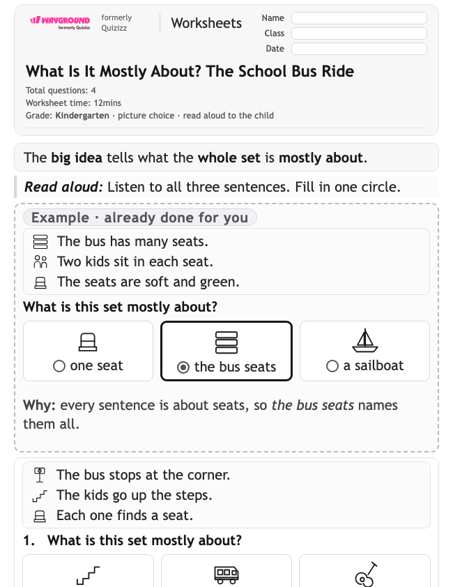 What Is It Mostly About? The School Bus Ride - Printable Identifying-the-main-idea Worksheets Kindergarten - Wayground