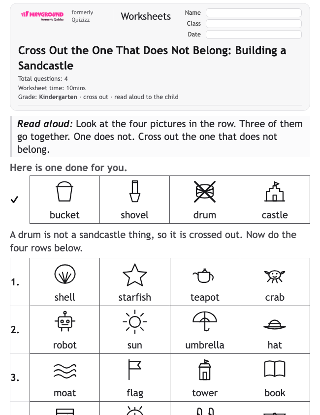Cross Out the One That Does Not Belong: Building a Sandcastle - Printable Identifying-the-main-idea Worksheets Kindergarten - Wayground