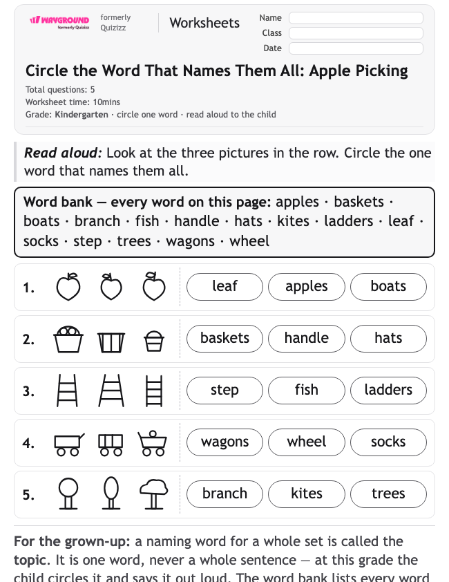 Circle the Word That Names Them All: Apple Picking - Printable Identifying-the-main-idea Worksheets Kindergarten - Wayground