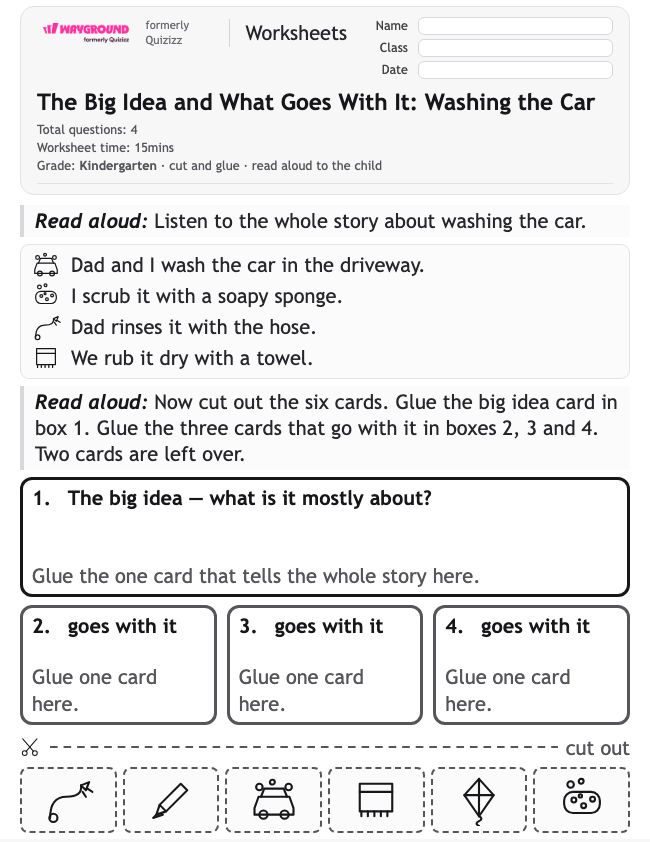 The Big Idea and What Goes With It: Washing the Car - Printable Identifying-the-main-idea Worksheets Kindergarten - Wayground