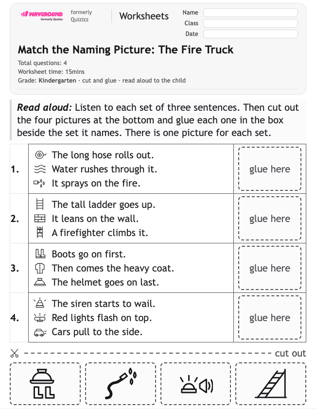 Match the Naming Picture: The Fire Truck - Printable Identifying-the-main-idea Worksheets Kindergarten - Wayground