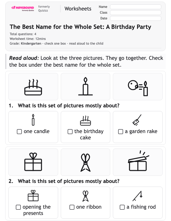 The Best Name for the Whole Set: A Birthday Party - Printable Identifying-the-main-idea Worksheets Kindergarten - Wayground