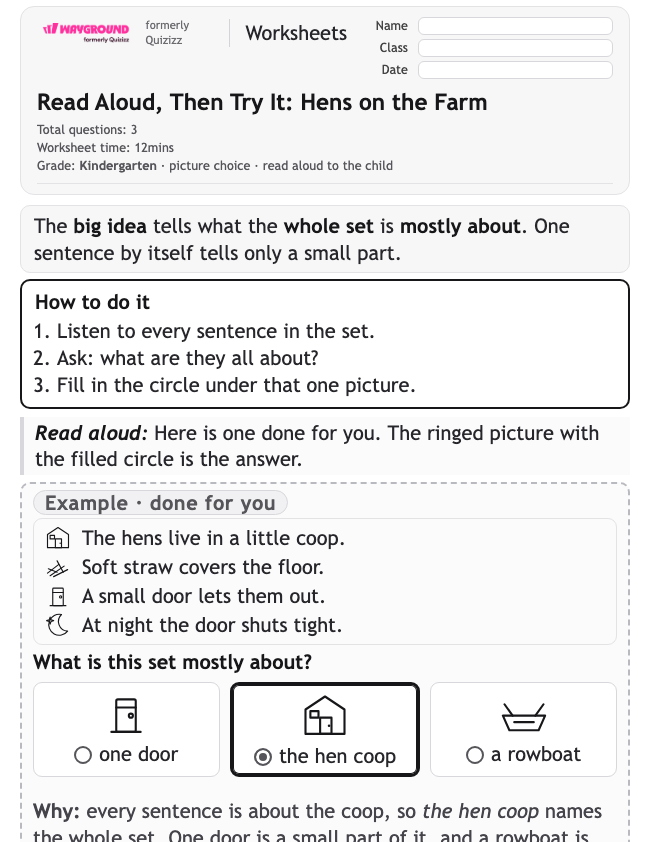 Read Aloud, Then Try It: Hens on the Farm - Printable Identifying-the-main-idea Worksheets Kindergarten - Wayground