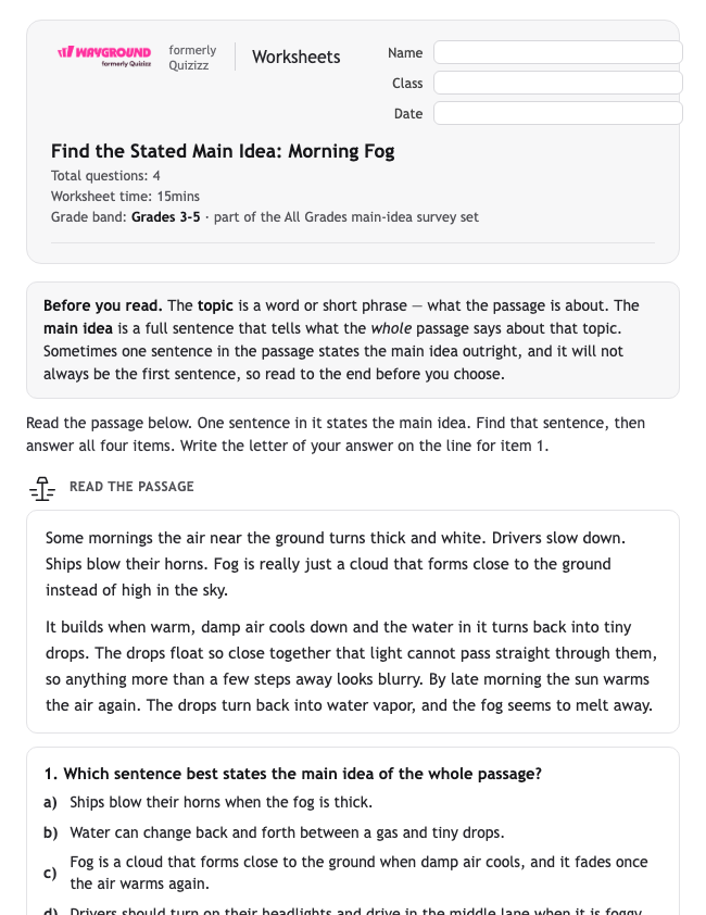 Find the Stated Main Idea: Morning Fog - Printable Identifying-the-main-idea Worksheets - Wayground