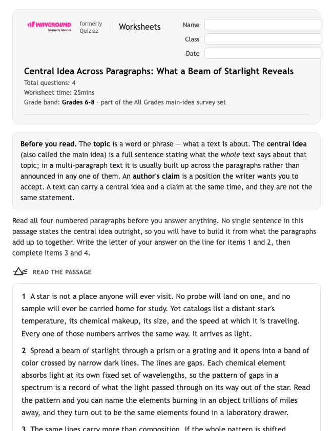 Central Idea Across Paragraphs: What a Beam of Starlight Reveals - Printable Identifying-the-main-idea Worksheets - Wayground