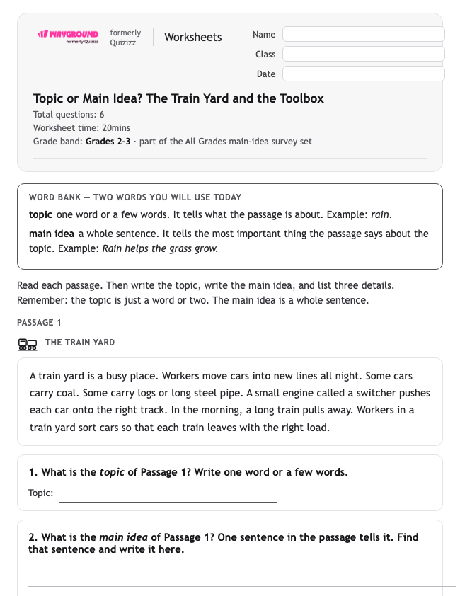 Topic or Main Idea? The Train Yard and the Toolbox - Printable Identifying-the-main-idea Worksheets - Wayground
